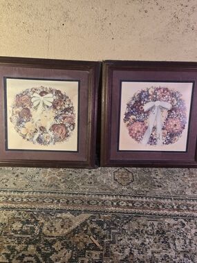 Lot Of 2 Small Prints Glynda Turley 1992 Floral Vintage "Garden Wreath" 12×12